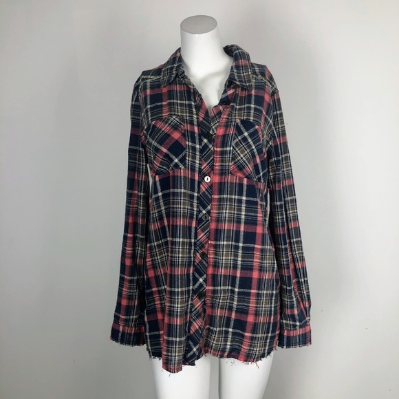 We The Free Plaid Tunic Button Top Blue Pink - Picture 2 of 6